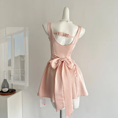 LIZAKOSHT  -  Summer Women Ballet Core Preppy Bow Satins A-line Dress Mini Frocks Backless One-Piece Evening Party Shoujo Gyaru Old Money