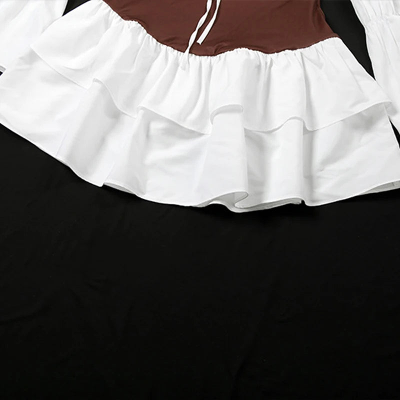 LIZAKOSHT  -  Slash Neck Contrast Dresses Elegant Off-shoulder Lace Up Pleated Puff Sleeved Open Back Short Dress Casual Party Streetwear