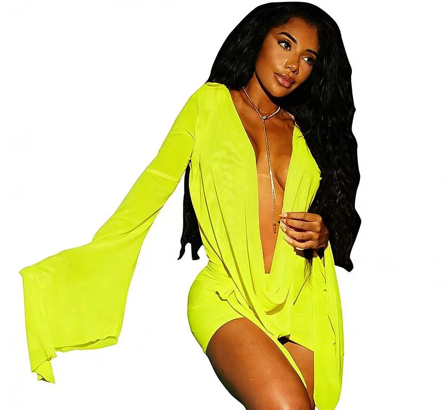 LIZAKOSHT  -  Elegant Flare Sleeve V Neck Ruched Sheer Mesh Short Dress Pink Holiday Outfits Beach Cover-Up Dress Night Out Vestidos D9WD