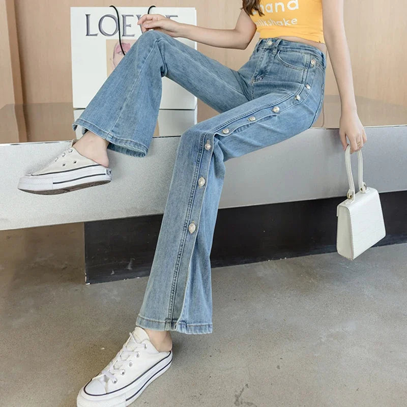 LIZAKOSHT  -  Women Vintage Pocket Long Plus Size Denim Pants Sexy Heavy Industry Wide Leg Summer Thin Side Open Button Jeans Streetwear