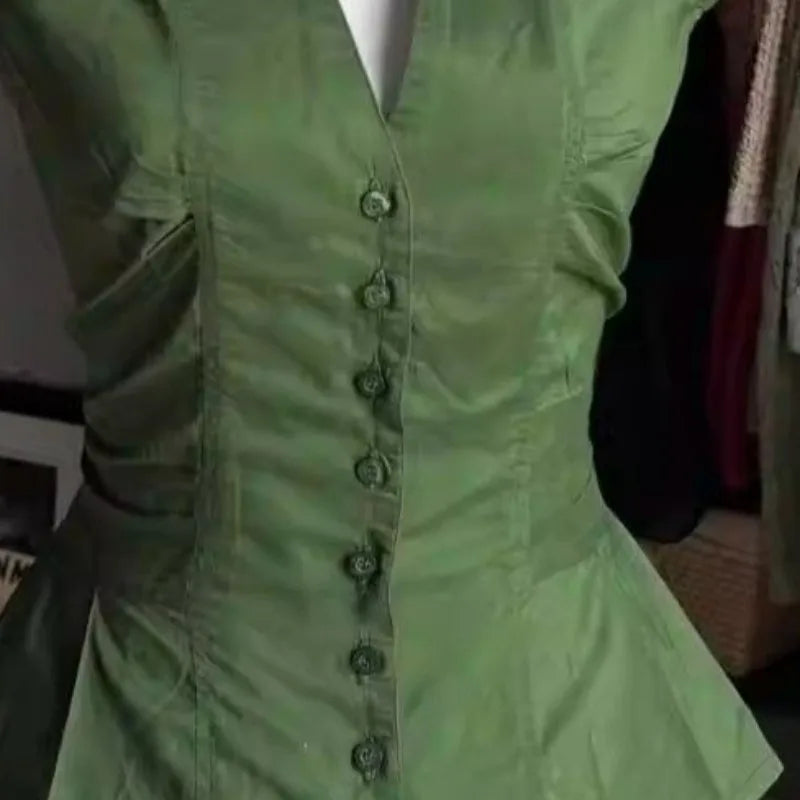 LIZAKOSHT  -  Y2k Short Blouses V Neck Solid Green Spring Summer Vintage Women Shirts Japanese Style Versatile Blusas Mujer