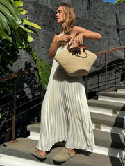 LIZAKOSHT  -  Sexy Backless Women Pleated Halter Maxi Dress Fashion Loose Sleeveless Solid Dresses 2024 Summer Female Chic Vacation Robes