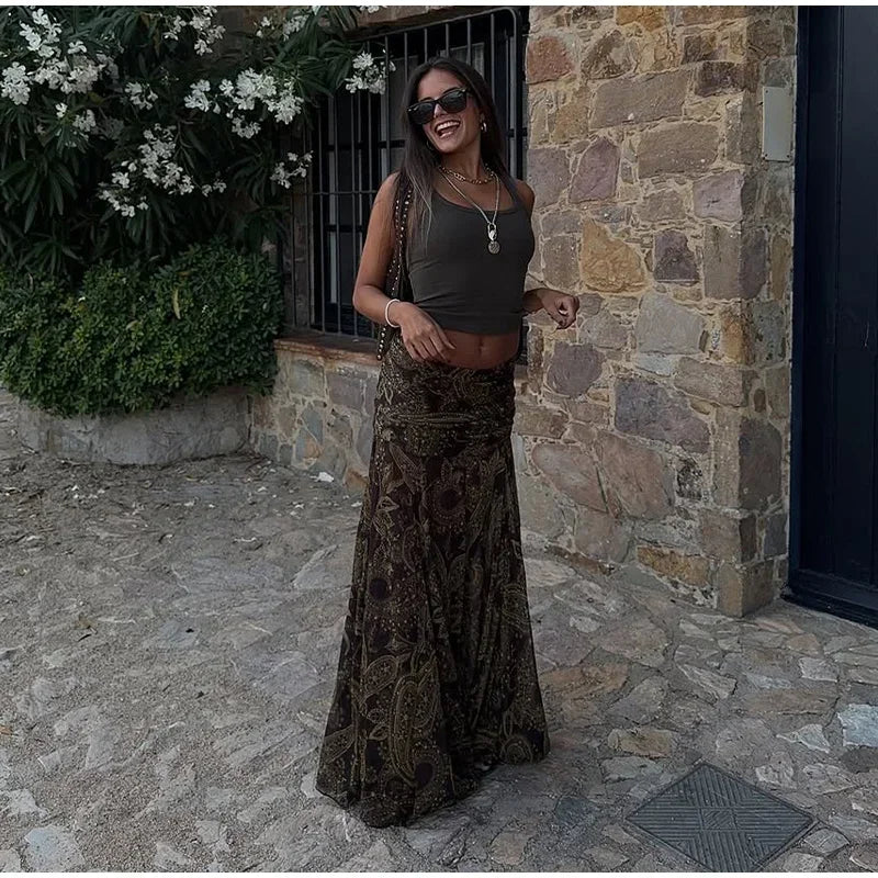 LIZAKOSHT  -  Fashion Print Long Skirt Women High Waist Ankle-length Loose Swing Skirt 2025 Summer Fashion Female Vacation Streewear Outerwear
