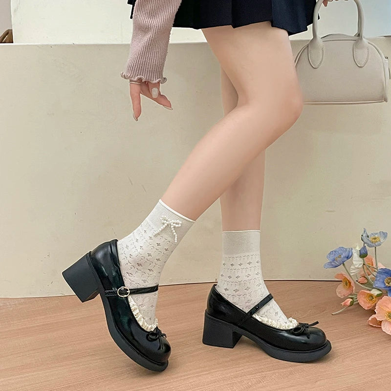 LIZAKOSHT  -  Cute Polka Dot Thick Heel Women Mary Jane Shoes Comfort Shallow Strap Pumps Ladies Eelgant Butterfly-knot Dress Single Shoes