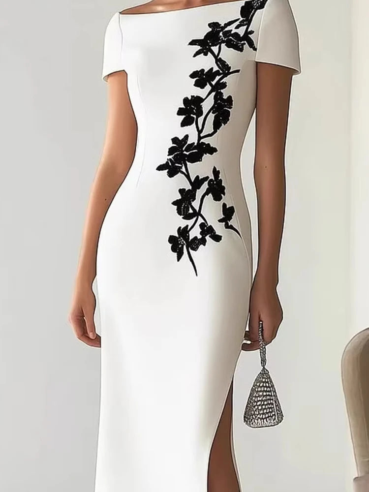 LIZAKOSHT  -  Summer Floral Print Split Long Dresses 2025 Woman Sexy Slash Neck Hollow Party Dress Summer Short Sleeve Slim Boho Dress Vestido