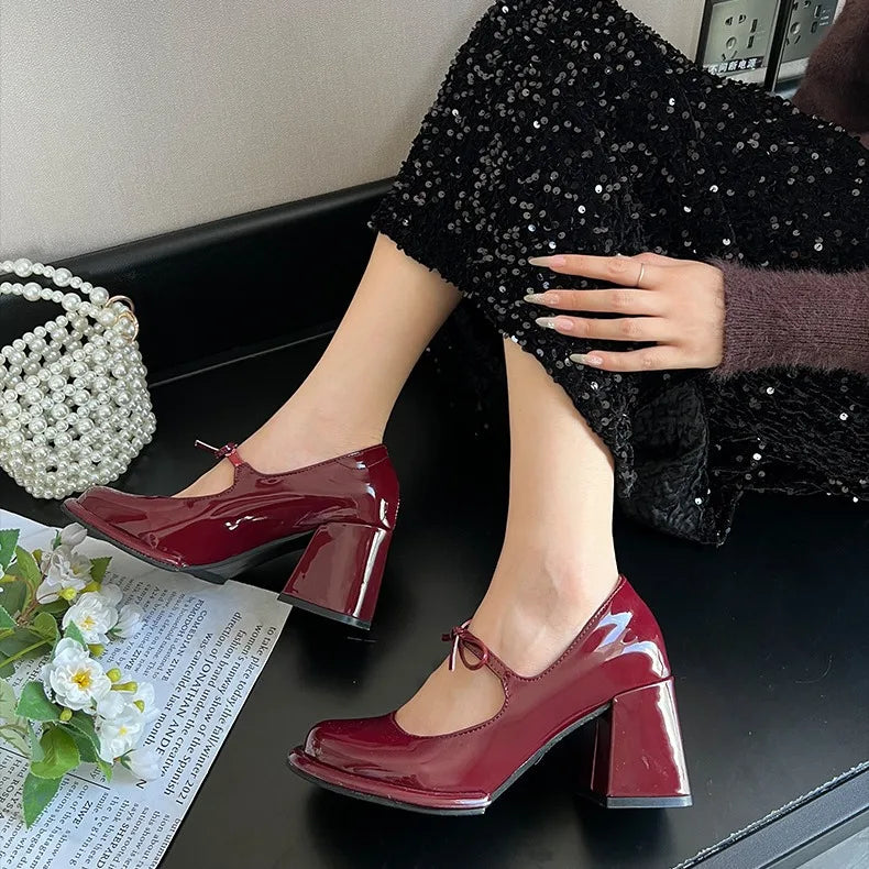 LIZAKOSHT  -  Red retro height increase thick heel high heels women's new autumn and winter French shallow mouth Mary Jane single shoes