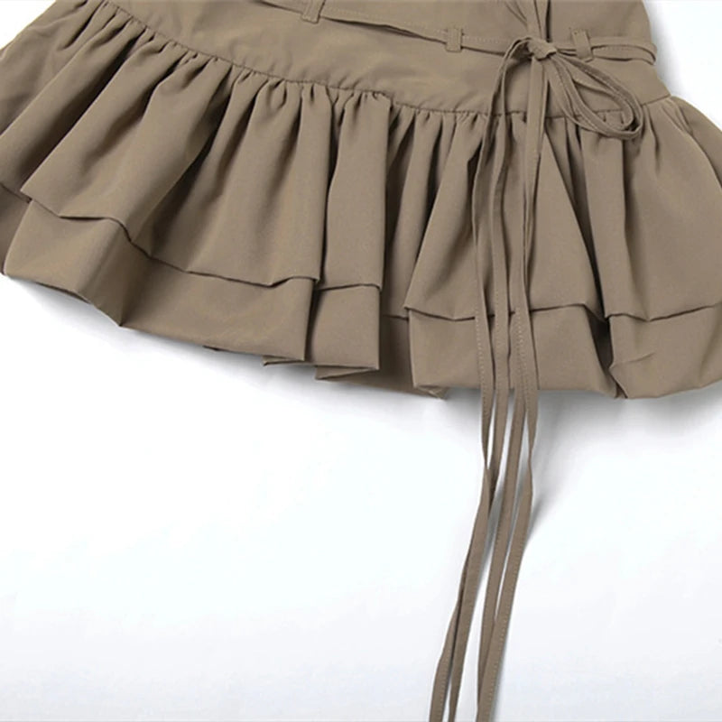 LIZAKOSHT  -  2025 Maillard Style Y2K Retro Brown Hot Girl 2 Piece Sexy Skirt Suit U Collar Sleeveless Bodysuit+Drawstring Pleated Skirts