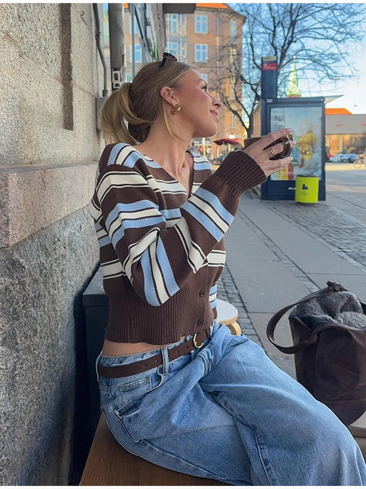 LIZAKOSHT  -  American Street Y2k Knitted Cardigan Personalized V-neck Striped Sweater Top Spicy Girl Fashion Short Versatile Thin Knitwear