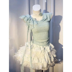 LIZAKOSHT  -  Summer Mint Green Irregular Ruffle Top Polka Dot Skirt Two-piece Set for Women
