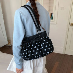 LIZAKOSHT  -  Polka Dot Ruched Shoulder Bag With Star Pendant Women Bow Decor Large Capacity Hobo Bag Retro Versatile Handbag For Daily Commut