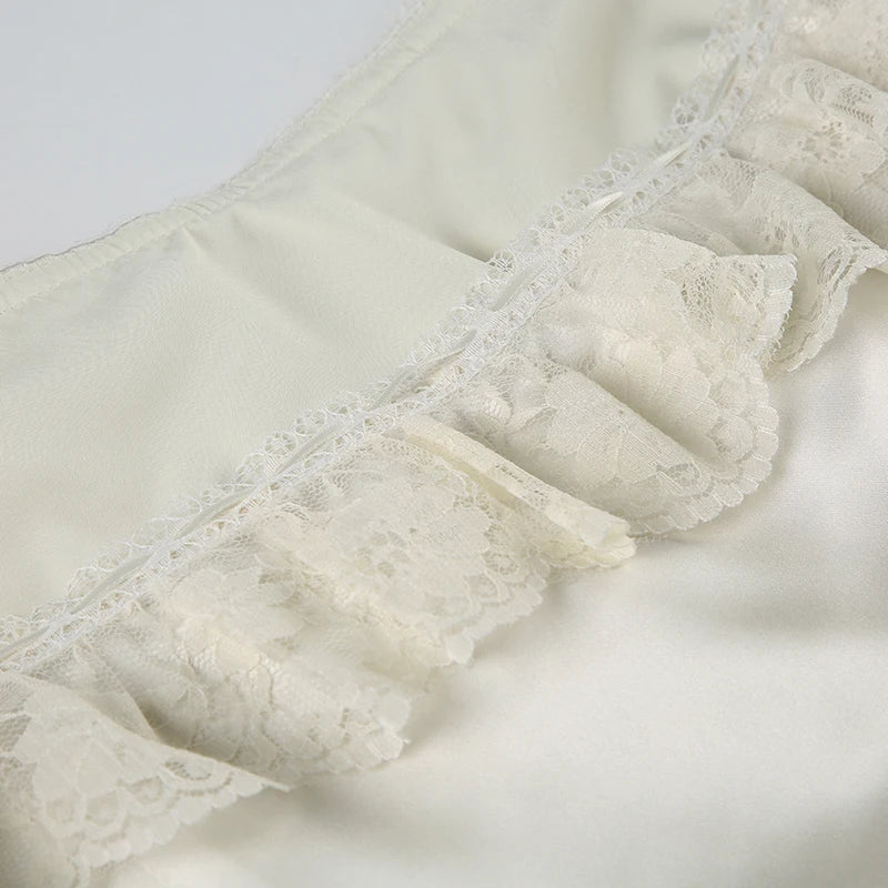 LIZAKOSHT  -  Women Elegant Lace Ruffles Trim Square Collar Sundress White Sleeveless A-line Short Dress Summer High Street Outfits