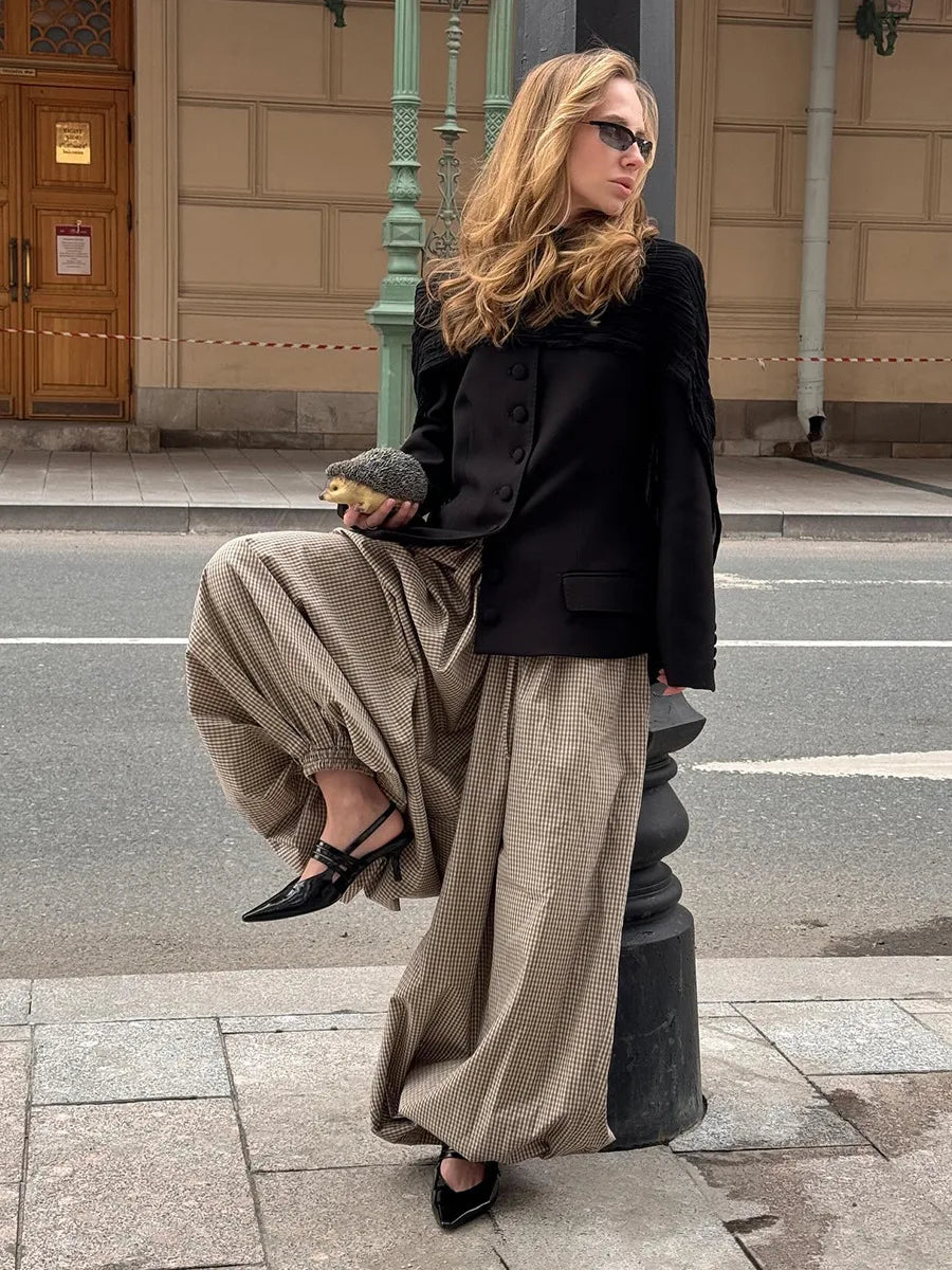 LIZAKOSHT  -  Women's New Retro Brown Lantern Pants High Waist Trendy Loose Fit Plaid Spring Summer Fashion Trousers