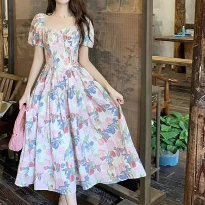 LIZAKOSHT  -  Vestidos Mujer Print Floral Puff Sleeve Spring Summer Mini Dresses Sweet Vintage Korean Fashion Elegant Woman Dress