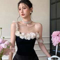 LIZAKOSHT  -  New Summer Clothes Single Strapless 3d Flower Slim Model Elastic Women Top,off The Shoulder Sexy Tank Tide
