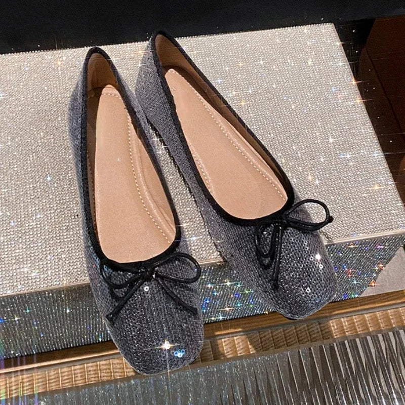 LIZAKOSHT  -  Bling Ballet Flats Women Shoes Square Toe Shiny Spring Autumn Footwear Women Shallow Fashion Comfort Sweet Bow Mary Jane Shoes