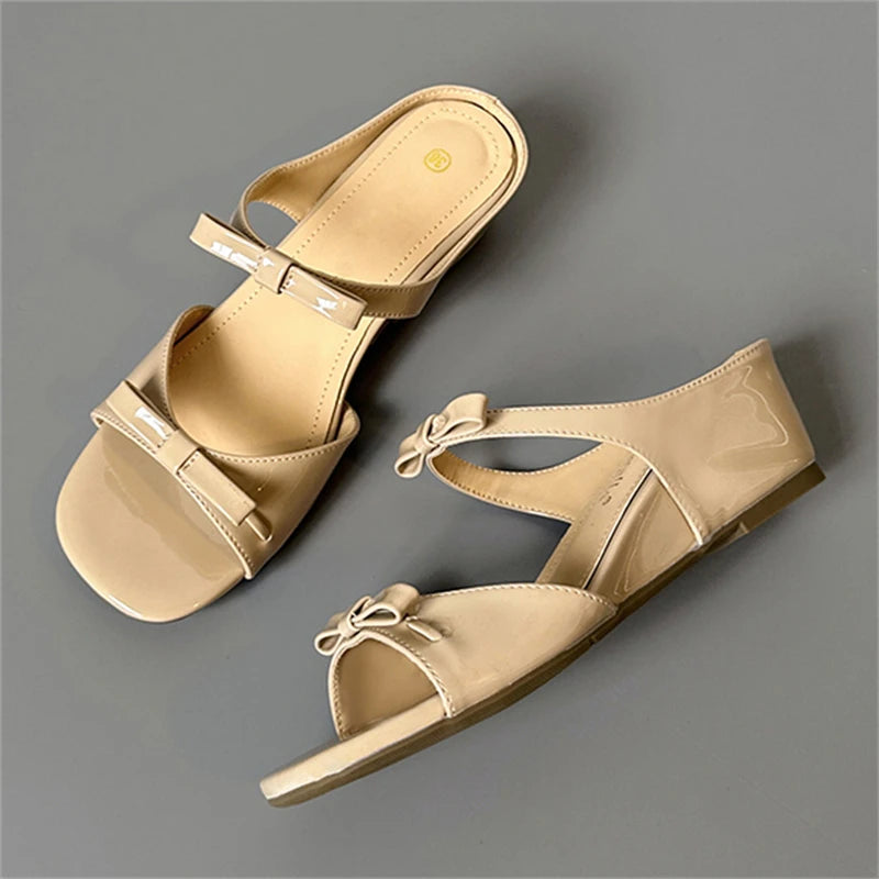 LIZAKOSHT  -  Summer Elegant Butterfly-knot Square Toe Women Slippers Fashion Design Wedges Low Heels Banquet Slide Shoes