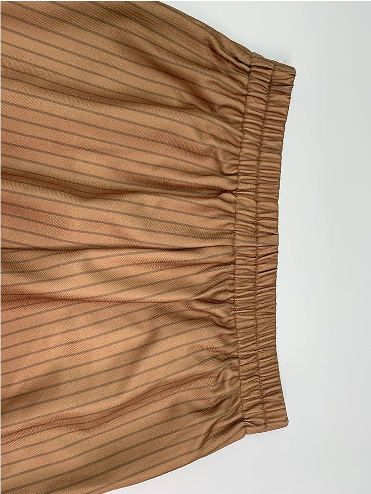 LIZAKOSHT  -  Striped Pants Short Blazer Outerwear 2025 New Brown V-Neck Loose Buttoned Split-Joint Wide Leg Trousers Female Clothin