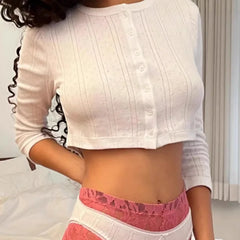 LIZAKOSHT  -  Early Autumn Short Hollow out Lace Trim Long Sleeve round Neck Single Button Open Cardigan Women's T-shirt Cotton Blend