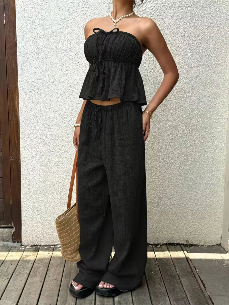 LIZAKOSHT  -  2 piece sets woman outfits，New women's casual two-piece lace up top and pants