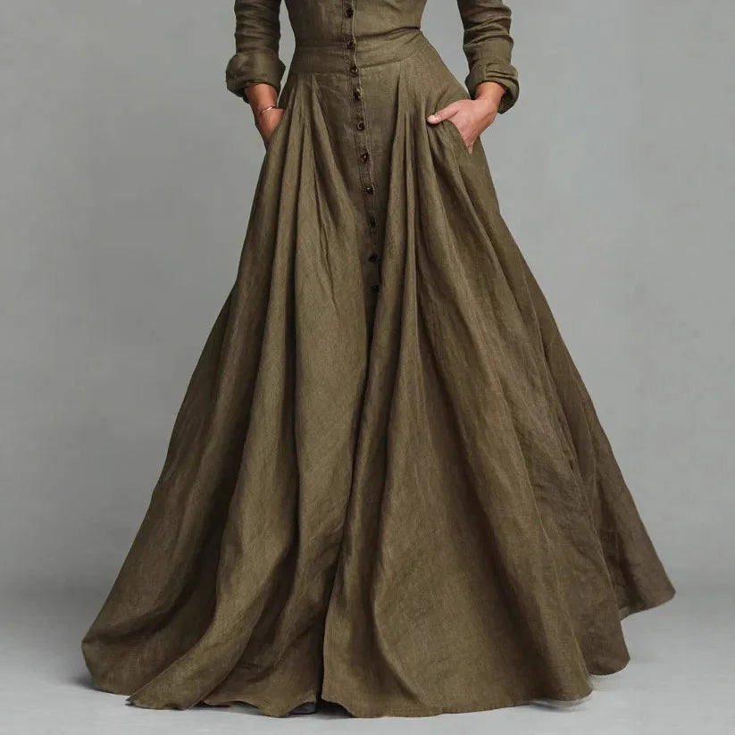 LIZAKOSHT  -  European American Women Dresses Retro Turndown Collar Pocket Long Dress Autumn Single Breasted Long Sleeve A-Line Street Dress