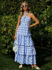 Lizakosht Maxi Summer Women's Dress Sexy Halter Sleeveless Blue Beach Sundress Plaid Printed Holiday Long Dress Robe Femme