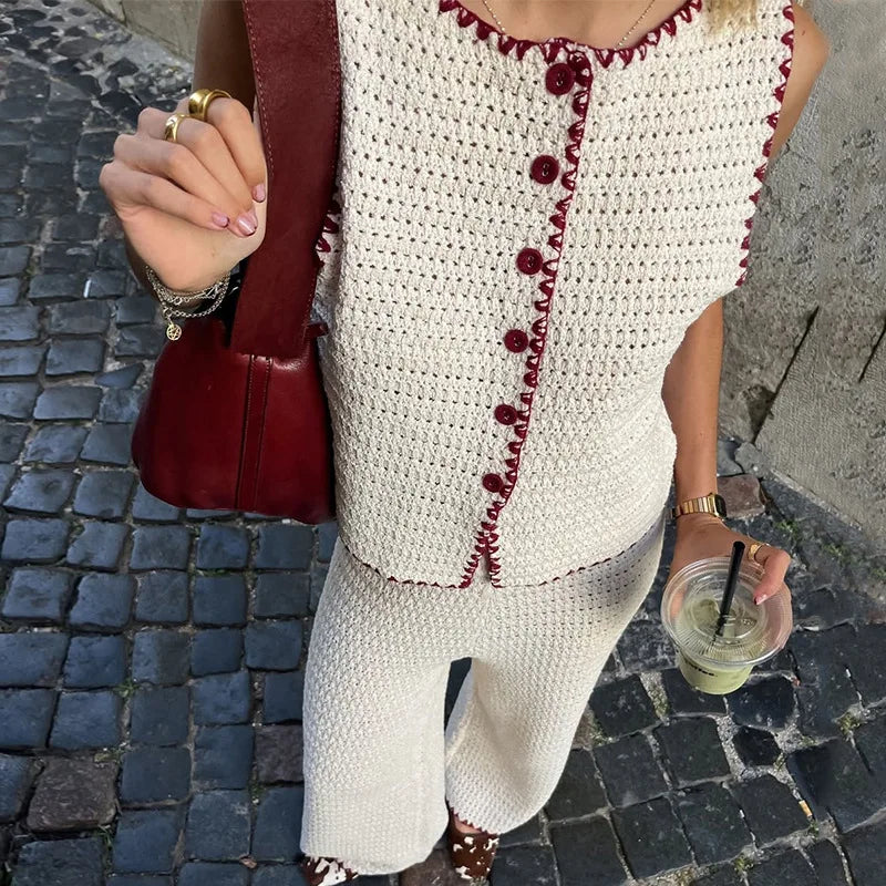 LIZAKOSHT  -  New Casual Round Neck Knitted Sleeveless Vest High Waisted Pants Casual Suit Cute Knitted Cardigan Tops Elastic Pants