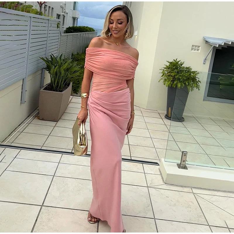 LIZAKOSHT  -  Elegant Sexy Long Dress Women Off Shoulder Hollow Out Sleeveless Patchwork Mesh Robe Female 2025 Spring Summer Chic Solid Robe