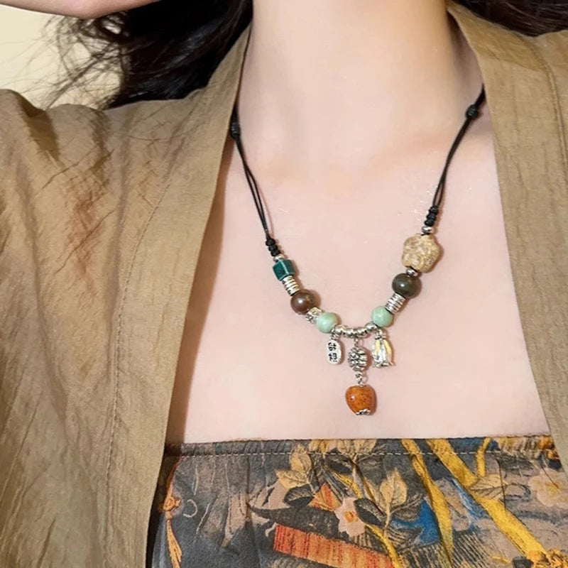 LIZAKOSHT  -  Bohemian Ethnic Style Necklace Handmade Ceramic Bead Waterdrop Pendant Choker Adjustable Size Bohemian Necklace Women