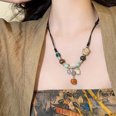 LIZAKOSHT  -  Bohemian Ethnic Style Necklace Handmade Ceramic Bead Waterdrop Pendant Choker Adjustable Size Bohemian Necklace Women
