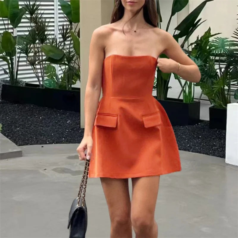 LIZAKOSHT  -  Tube Top Dresses for Women Sexy Solid Color Off Shoulder Strapless Sleeveless A Line Dress with 2 Pockets Party Dresses