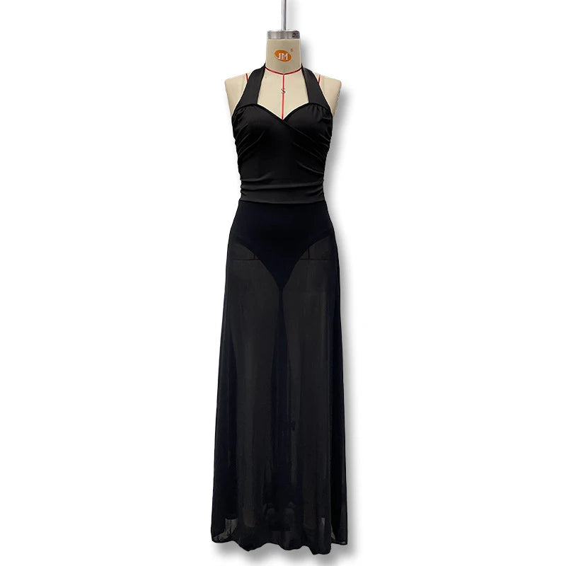 LIZAKOSHT  -  Elegant Women's Clothing Halter Low Cut Mesh Patchwork Sleeveless Backless Tight Long Dresses Folds High Waist Club Vestidos