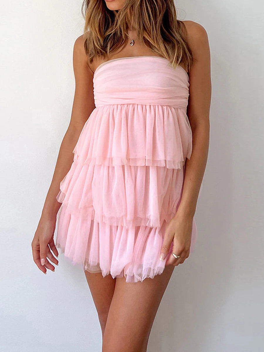 LIZAKOSHT  -  Women's Tube Top Dress Strapless Solid Color Ruffle Hem Mini Party Dress Slim Fit Tiered Dress