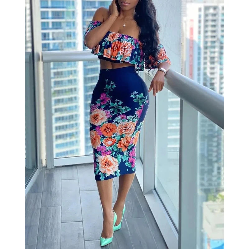 LIZAKOSHT  -  Floral Print Off-oulder Ruffle Hem Dr Street Sle High Waist Polyester Fiber ort Sve  Summer Dr