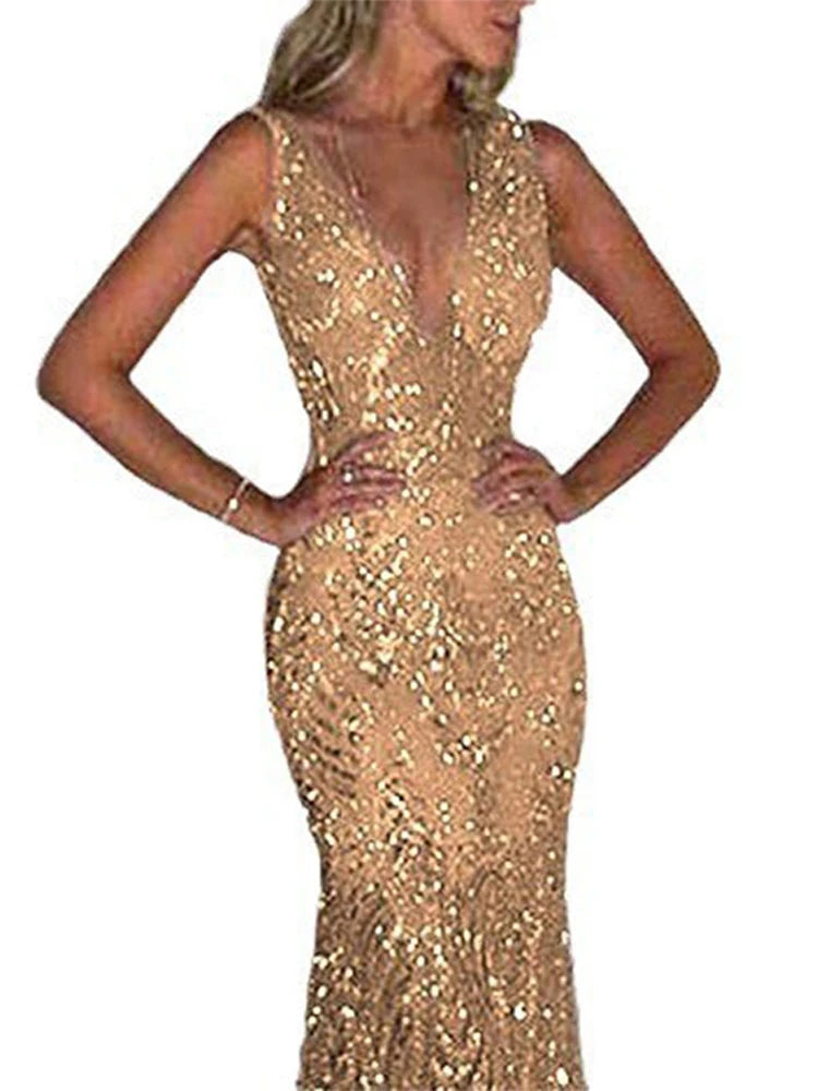 LIZAKOSHT  -  Deep V Gold Sequin Dress Sleeveless Hollow Out Halter Lace Party Gown Sexy Backless Waist Cinched Slim Fit Fishtail Long Dresses