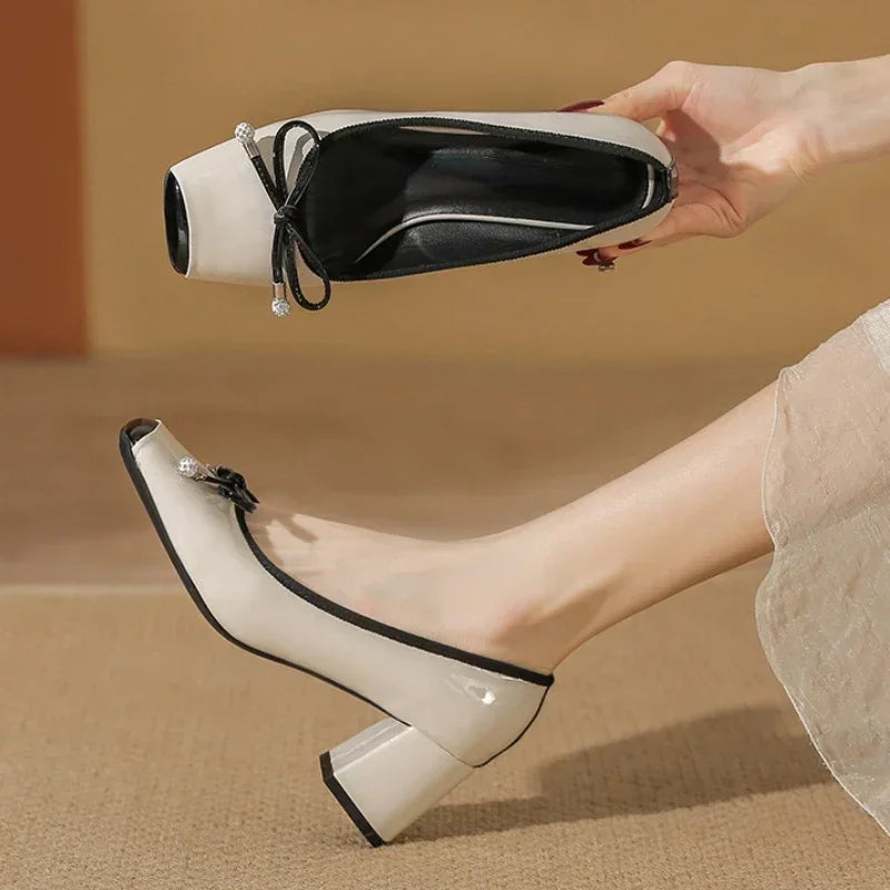 LIZAKOSHT  -  Square Toe Mary Jane Shoes Women Fashion Casual Chunky Ballet Shoes Shallow Bow Classic Brand High Heels Designer Female Pumps