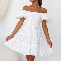 LIZAKOSHT  -  White Floral Embroidery Lace Mini Dresses for Women Off Shoulder Puff Sleeve Shirred Chest Short Dress Summer Boho Beach