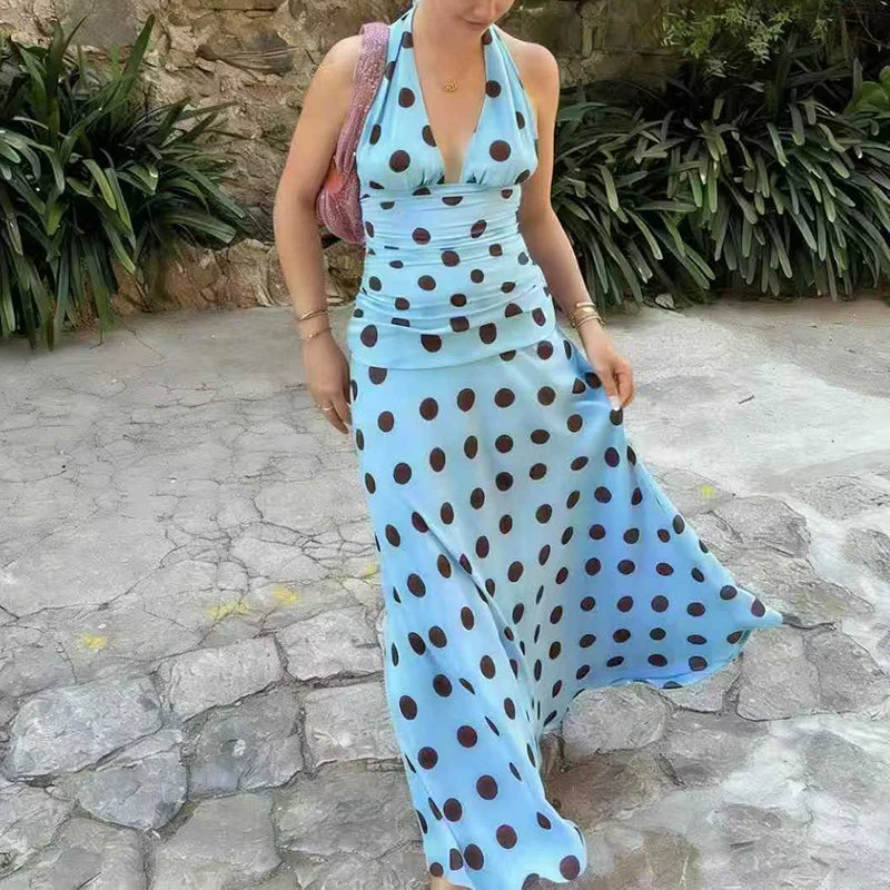 LIZAKOSHT  -  Elegant Polka Dot Backless Pleated Dress Temperament High Waist Sleeveless Dress Sexy Hanging Neck Off Shoulder Club Party Dress