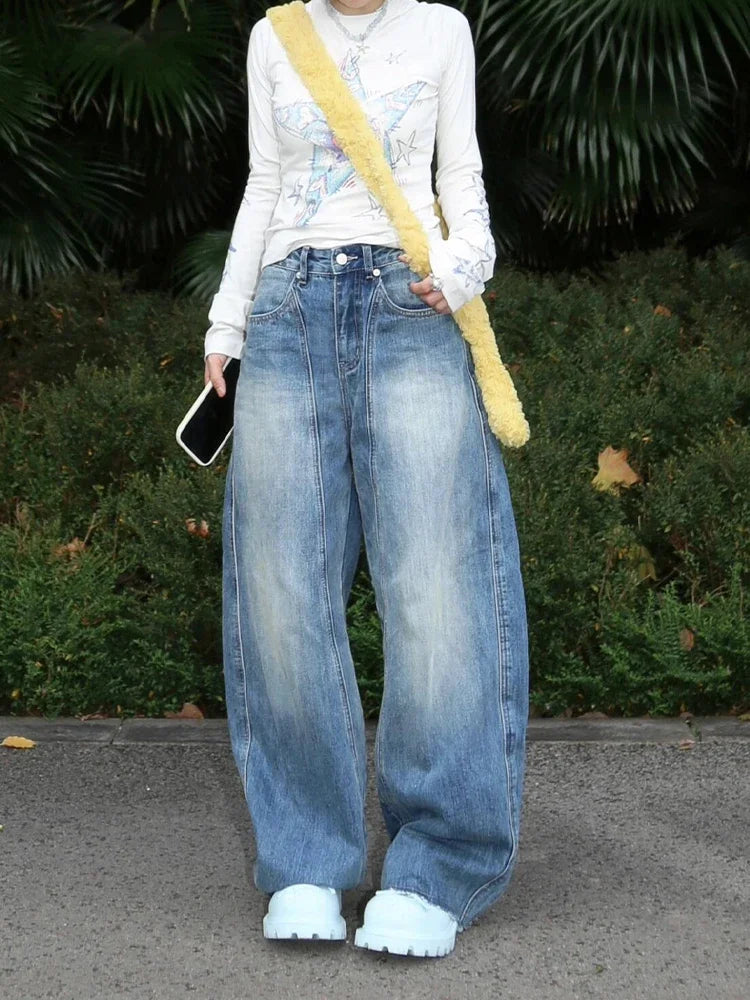 LIZAKOSHT  -  Blue Women Jeans High Waist Fashion American Vintage Streetwear Y2K NEW Wide Leg Jean Female Denim Trouser Baggy Denim Pants