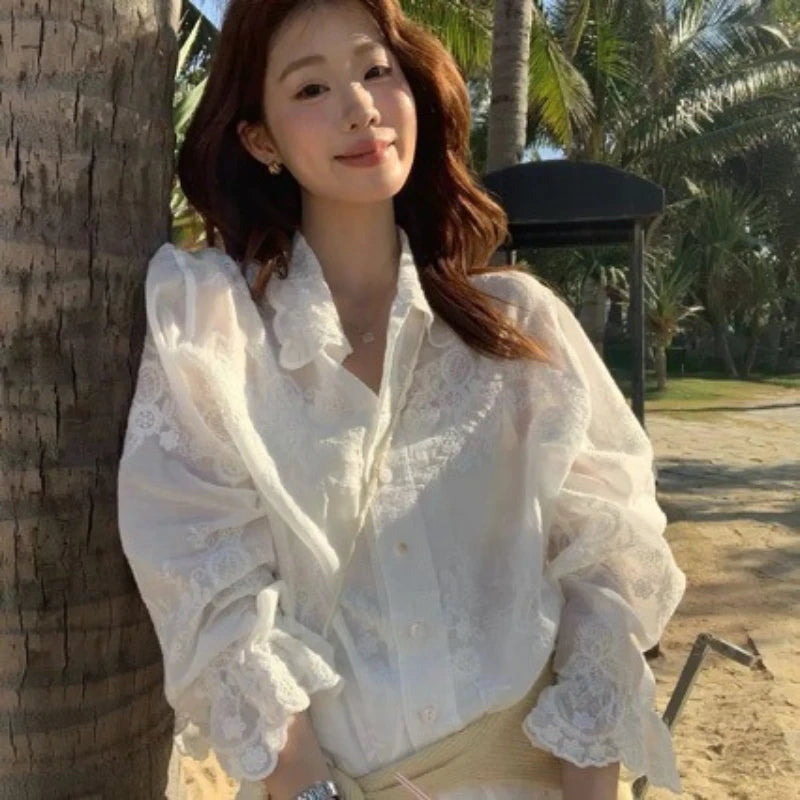 LIZAKOSHT  -  Early Autumn New Hot Selling Cotton Light Luxury Embroidered Flower Long Sleeve Loose Premium Sunscreen Shirt