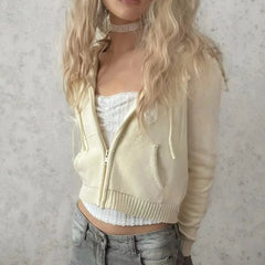 LIZAKOSHT  -  Y2K Zip Up Women's Cardigan Lace Up Crop Knitwear Star Hooded Japanese Fashion Sweater Spring Gyaru Aesthetic Sweet