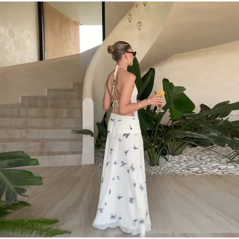 LIZAKOSHT  -  Sexy Printed Halter Long Dresses Women Fashion Sleeveless Backless High Waist Slim Maxi Dress 2025 Lady Summer Chic Casual Robes