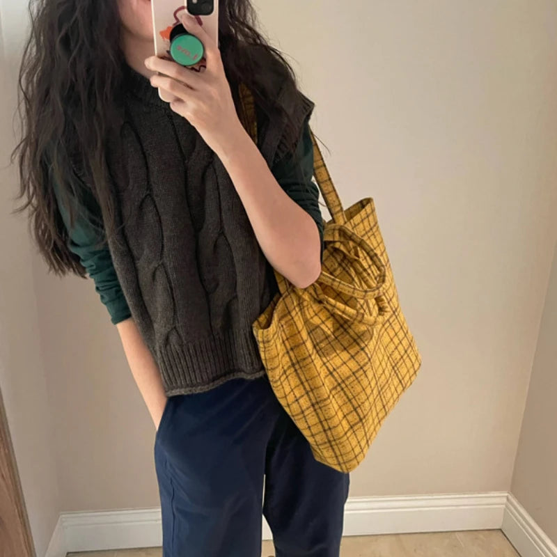 LIZAKOSHT  -  College Students Tote Bags Vintage Contrast Color Plaid Handbags New Streetwear Women Casual Shoulder Underarm Bag Y2k Aesthetic