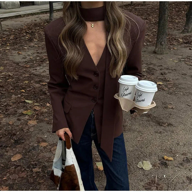 LIZAKOSHT  -  Single Breasted Coat Women's V Neck Scarf With Long Sleeve Waist-cinching Blazer Jacket Lady Casual Slim Commute Coat