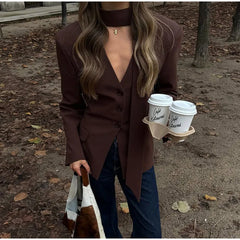 LIZAKOSHT  -  Single Breasted Coat Women's V Neck Scarf With Long Sleeve Waist-cinching Blazer Jacket Lady Casual Slim Commute Coat
