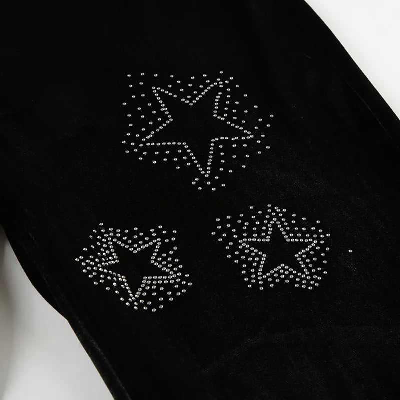 LIZAKOSHT  -  UShaped Star Rhinestone Velvet Low Waist Slim Flared Pants Trousers Jumpsuit Playsuit