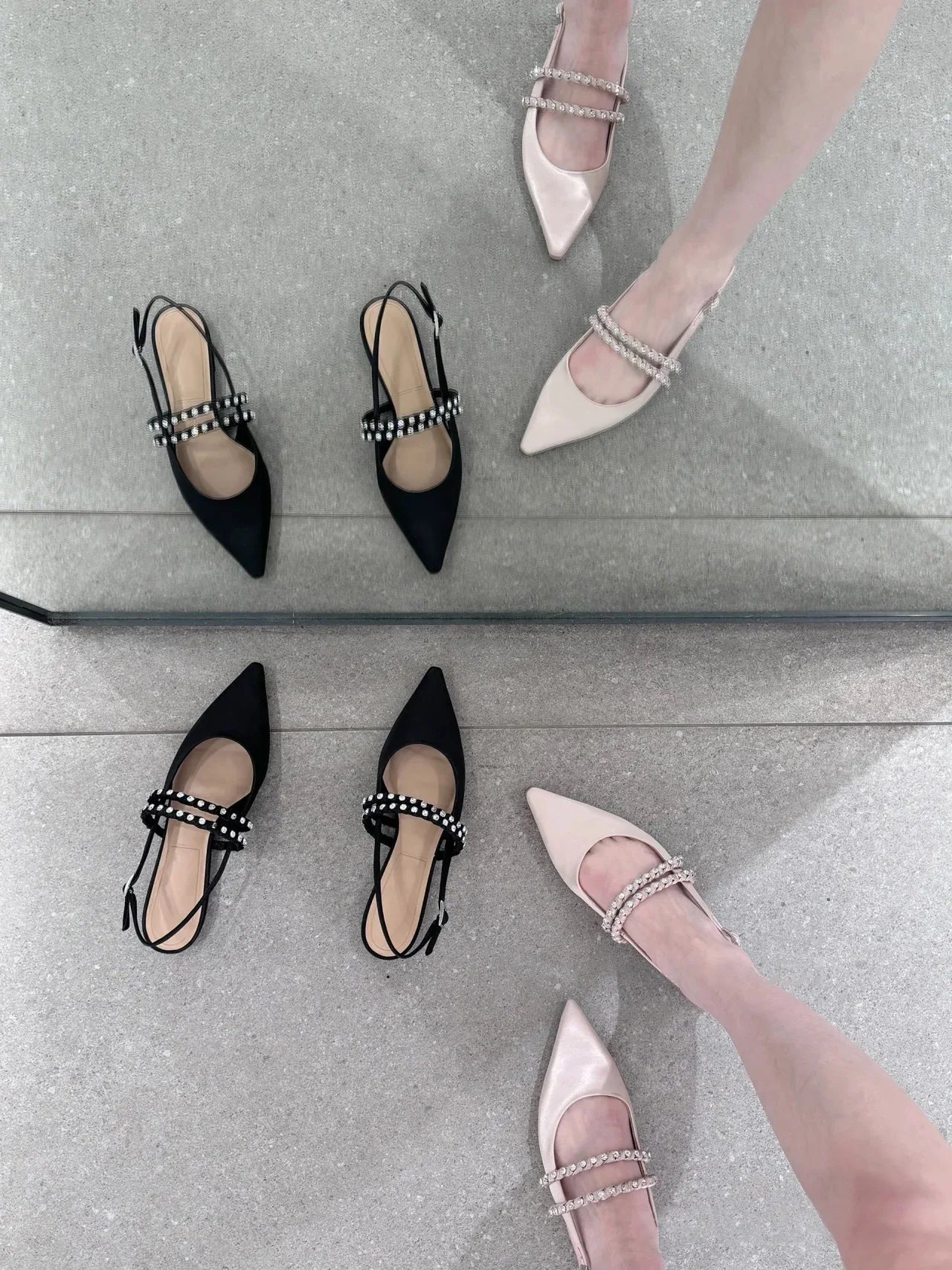LIZAKOSHT  -  black pink silk slingback sandals women designer pointed toe crystal band summer shoes woman back strap sandalias mujer size 43