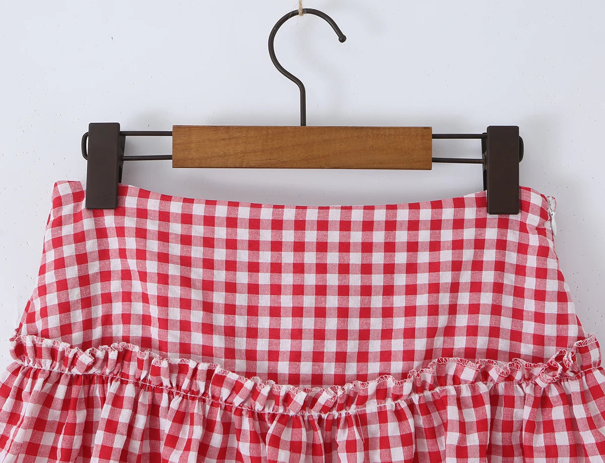 LIZAKOSHT  -  Sexy Red Plaid Spliced Lace Bow Ruched Chest Tank Top + High Waist Wood ears Mesh Lining Swing Cake Mini Skirt Suits 2pcs 1 Set