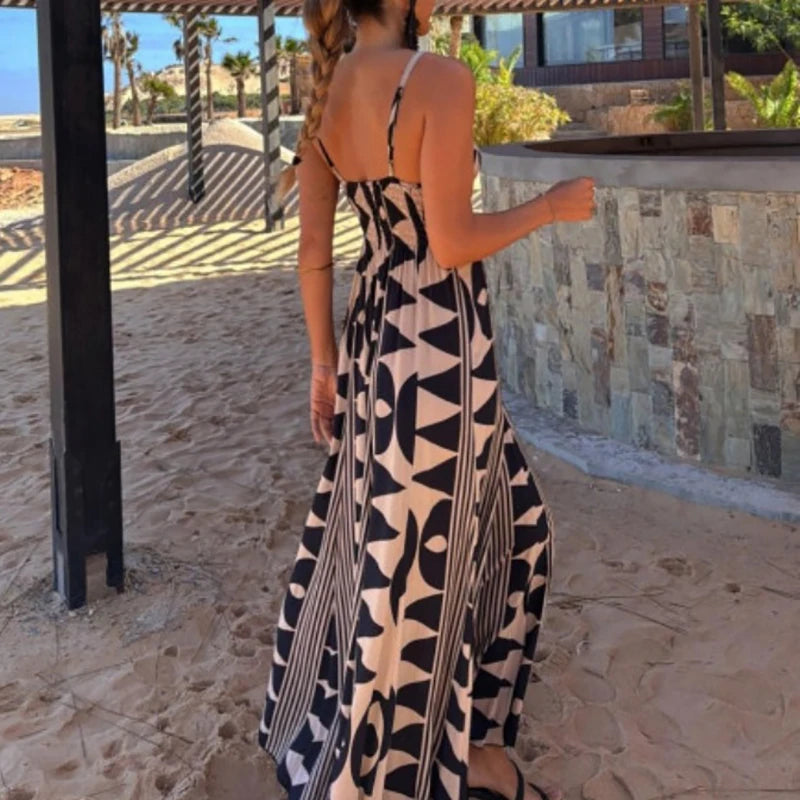 LIZAKOSHT  -  Women Pattern Print Big Swing A-line Dress All Match Female High Waist Long Dress Casual 2025 Suspender V Bohemian Dress Elegant