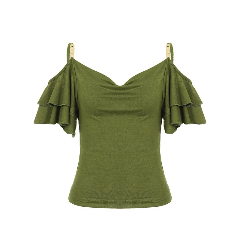 LIZAKOSHT  -  Vintage Vibe Beading Sling Off The Shoulder T Shirts Y2k Fashion Ruffle Short Sleeve Slim Women Clothes High Street Casual Tops