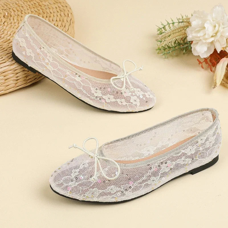 LIZAKOSHT  -  Mesh Rhinestone Ballet Flats Shoes Women Round Toe Comfy Shallow Breathable Boat Shoe Female Bling Brand Designer Mary Jane Shoe